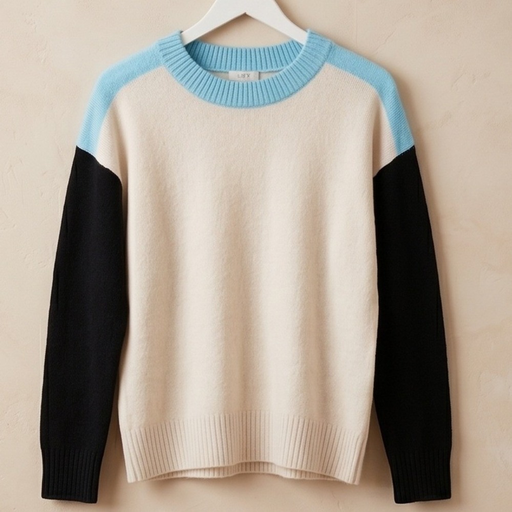 LOFT S Colorblock‎ Knit Sweater Crew Neck Long Sleeve Cream Blue Black Women's - Picture 2 of 11